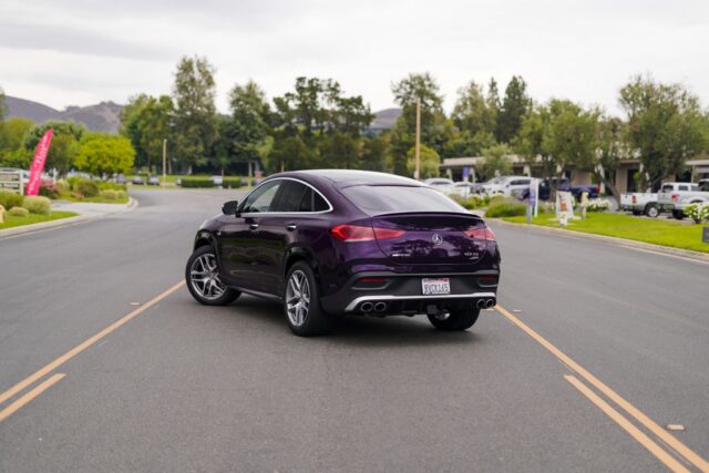 Mercedes GLE 53 Coupe Purple Gloss Vinyl Wrap Rear Three Quarter Street, by Wrap Labs, Westlake Village