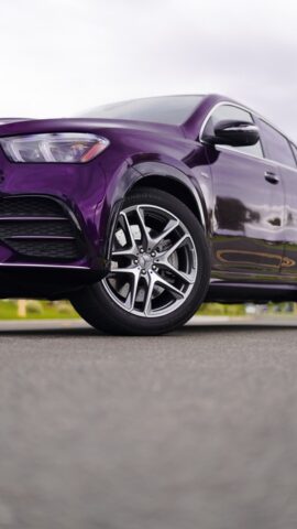 Mercedes GLE Coupe Purple Gloss Vinyl Wrap Front Wheel Fender Low Angle Detail, by Wrap Labs, Westlake Village