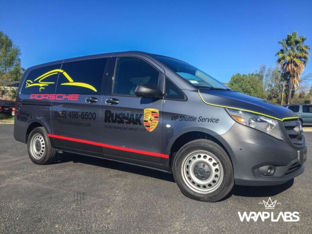 Mercedes Metris Van Porsche Rusnak Westlake Dealership Commercial Vinyl Wrap Front Three Quarter, by Wrap Labs, Westlake Village