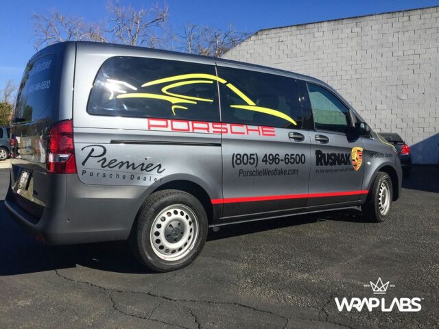 Mercedes Metris Van Porsche Rusnak Westlake Dealership Commercial Vinyl Wrap Rear Three Quarter, by Wrap Labs, Westlake Village