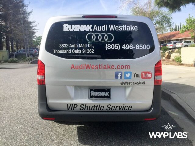 Mercedes Metris Van Rusnak Audi Westlake Dealership Commercial Vinyl Wrap Rear Head On, by Wrap Labs, Westlake Village