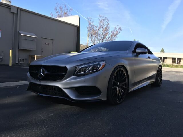Mercedes S Class Coupe Matte Silver Vinyl Wrap Front Three Quarter, by Wrap Labs, Westlake Village