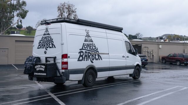Mercedes Sprinter Van White Business Vinyl Wrap Lonely Barber Rear 3 4, by Wrap Labs, Westlake Village