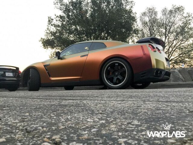 Nissan GT R Color Shift Gold Copper Vinyl Wrap Side Profile Low Angle Golden Hour, by Wrap Labs, Westlake Village