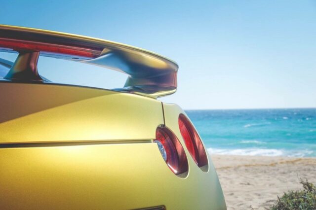 Nissan GT R Matte Gold Vinyl Wrap Rear Taillight Wing Detail Oceanside, by Wrap Labs, Westlake Village