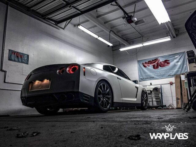 Nissan GT R Matte White Vinyl Wrap Rear Low Angle WrapLabs Shop Indoor, by Wrap Labs, Westlake Village