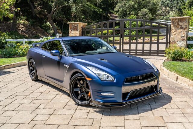 Nissan GT R R35 Matte Blue Vinyl Wrap Front 3 4 Estate Gate v1, by Wrap Labs, Westlake Village