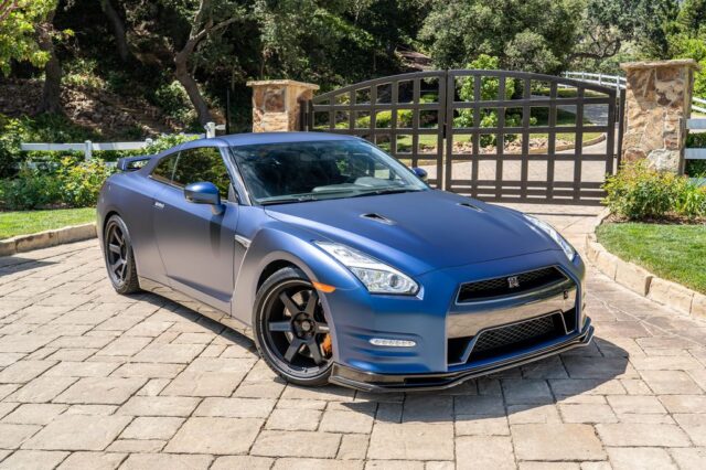 Nissan GT R R35 Matte Blue Vinyl Wrap Front 3 4 Estate Gate v2, by Wrap Labs, Westlake Village