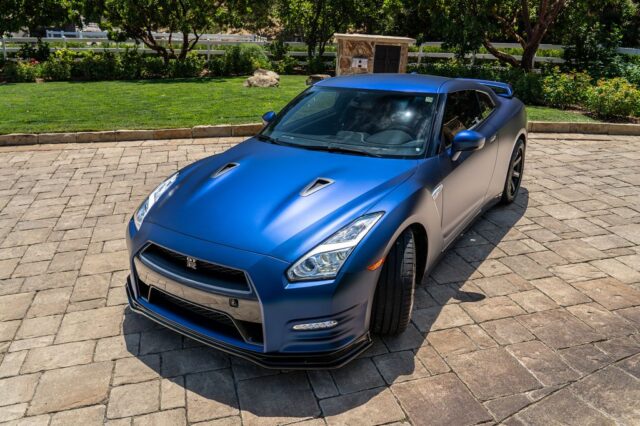 Nissan GT R R35 Matte Blue Vinyl Wrap Front Elevated Overhead Estate, by Wrap Labs, Westlake Village
