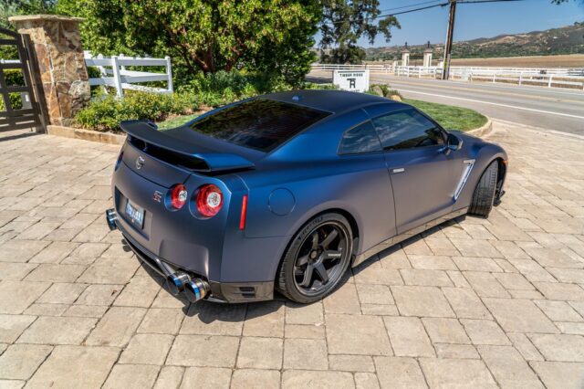 Nissan GT R R35 Matte Blue Vinyl Wrap Rear 3 4 Estate Gate, by Wrap Labs, Westlake Village