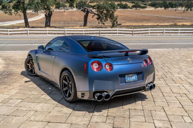 Nissan GT R R35 Matte Blue Vinyl Wrap Rear 3 4 Ranch Road Countryside, by Wrap Labs, Westlake Village
