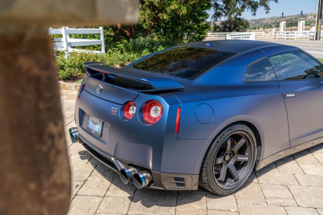 Nissan GT R R35 Matte Blue Vinyl Wrap Rear Quarter Spoiler Estate v1, by Wrap Labs, Westlake Village