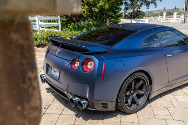 Nissan GT R R35 Matte Blue Vinyl Wrap Rear Quarter Spoiler Estate v2, by Wrap Labs, Westlake Village
