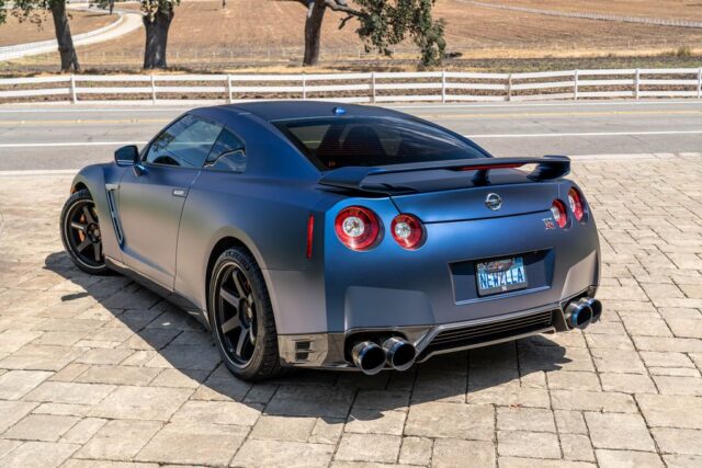 Nissan GT R R35 Matte Blue Vinyl Wrap Rear Straight Countryside Bright, by Wrap Labs, Westlake Village