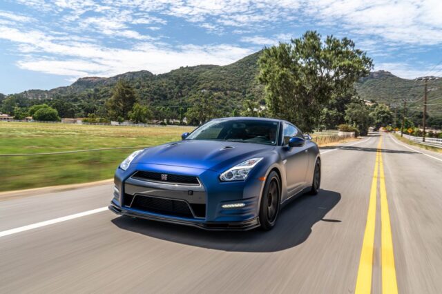 Nissan GT R R35 Matte Blue Vinyl Wrap Rolling Front 3 4 Mountain Road, by Wrap Labs, Westlake Village