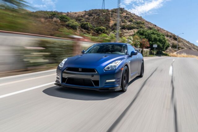 Nissan GT R R35 Matte Blue Vinyl Wrap Rolling Front Canyon Road, by Wrap Labs, Westlake Village