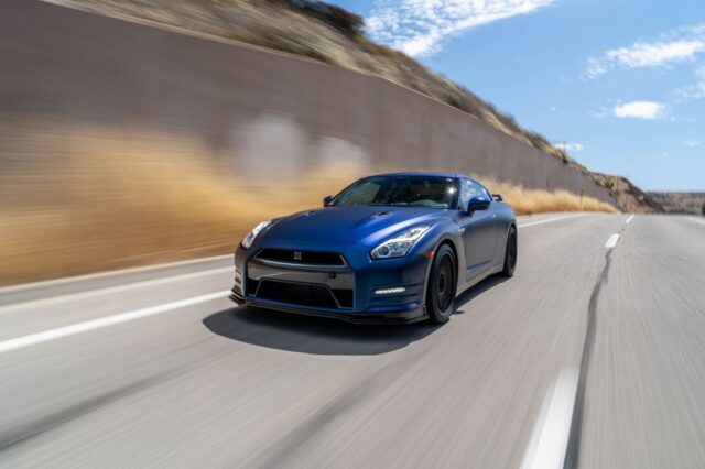 Nissan GT R R35 Matte Blue Vinyl Wrap Rolling Front Highway, by Wrap Labs, Westlake Village