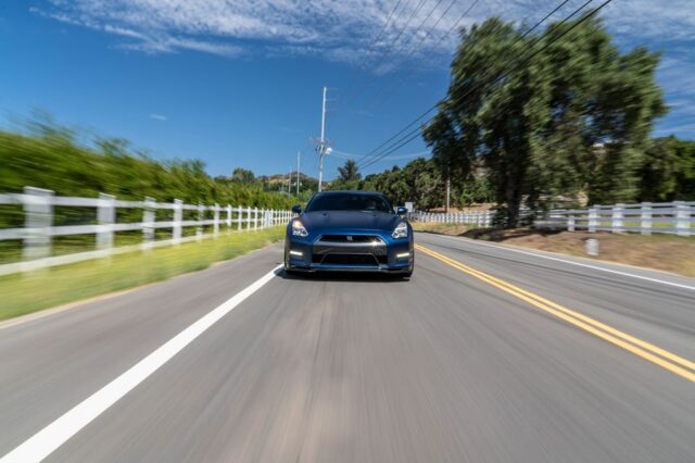 Nissan GT R R35 Matte Blue Vinyl Wrap Rolling Straight On Country Road, by Wrap Labs, Westlake Village