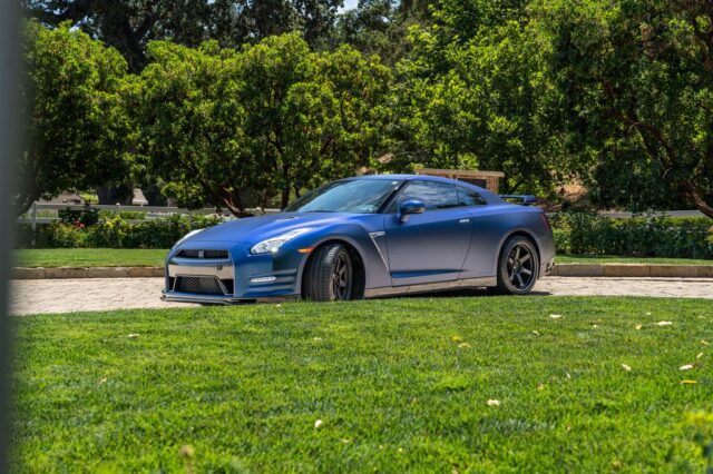 Nissan GT R R35 Matte Blue Vinyl Wrap Side Profile Estate Lawn, by Wrap Labs, Westlake Village