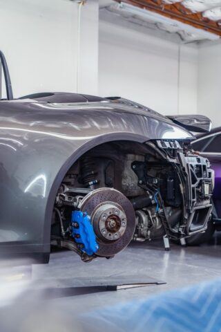Porsche 911 992 Graphite Gray Paint Protection Film Blue Brake Caliper Wheel Off Detail, by Wrap Labs, Westlake Village
