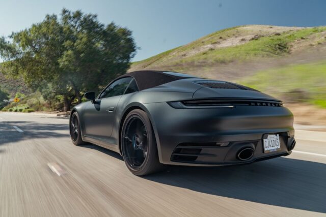 Porsche 911 992 Matte Black Vinyl Wrap Badge Hood Detail, by Wrap Labs, Westlake Village