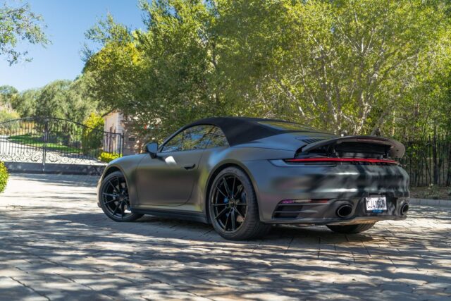 Porsche 911 992 Matte Black Vinyl Wrap Convertible Rear Parked, by Wrap Labs, Westlake Village