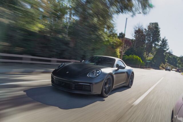 Porsche 911 992 Matte Black Vinyl Wrap Convertible Rear Three Quarter Parked, by Wrap Labs, Westlake Village
