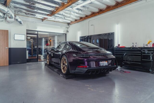 Porsche 911 GT3 Deep Purple PPF Bronze Wheels Rear Shop, by Wrap Labs, Westlake Village