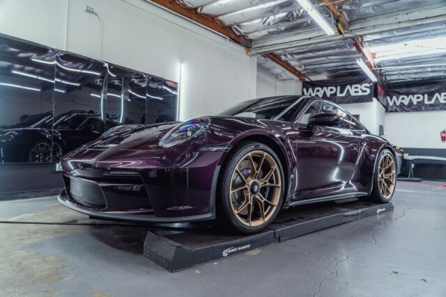 Porsche 911 GT3 Deep Purple PPF Front 3Quarter Shop, by Wrap Labs, Westlake Village