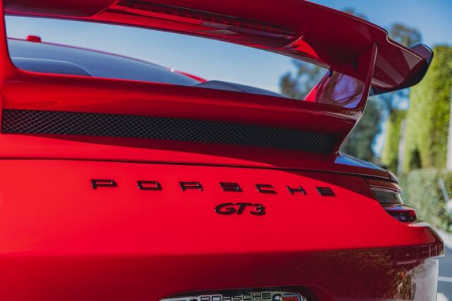 Porsche 911 GT3 Guards Red PPF Rear Wing GT3 Badge Spoiler Detail, by Wrap Labs, Westlake Village