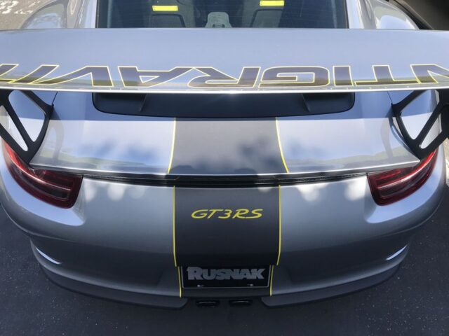 Porsche 911 GT3 RS Silver Grey Antigravity Stripes Rear Wing Taillight Detail, by Wrap Labs, Westlake Village