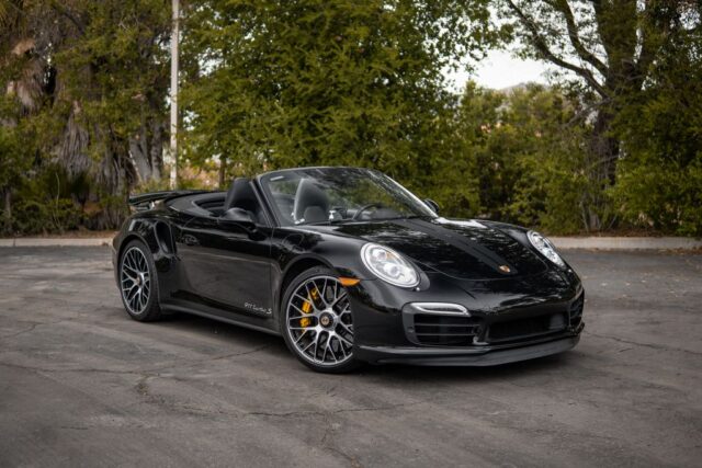 Porsche 911 Turbo S Cabriolet Black PPF Front Three Quarter Trees, by Wrap Labs, Westlake Village