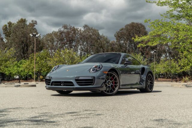 Porsche 911 Turbo S Grey PPF Black Wheels Red Brake Calipers Front 3Quarter Overcast, by Wrap Labs, Westlake Village