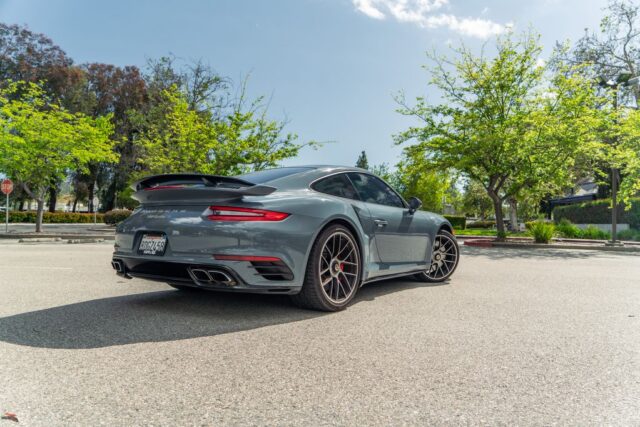 Porsche 911 Turbo S Grey PPF Black Wheels Red Brake Rear 3Quarter Trees, by Wrap Labs, Westlake Village