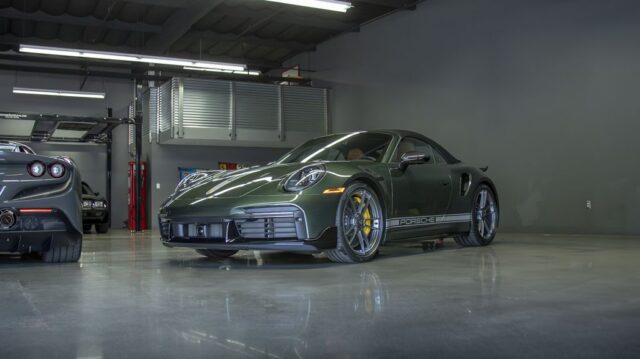 Porsche 911 Turbo S Oak Green PPF Front 3Quarter Shop Interior, by Wrap Labs, Westlake Village