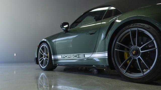 Porsche 911 Turbo S Oak Green PPF Porsche Side Stripe Wheel Yellow Caliper Detail Shop, by Wrap Labs, Westlake Village