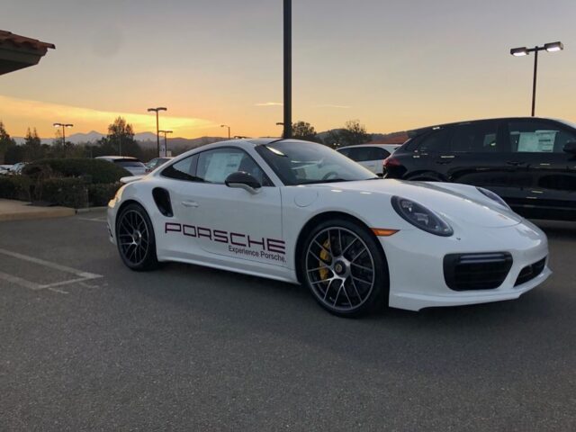 Porsche 911 Turbo S White Dealership Livery Vinyl Wrap Side Three Quarter Sunset, by Wrap Labs, Westlake Village