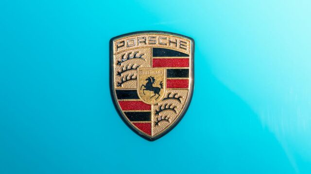 Porsche Badge Crest Detail Blue Vinyl Wrap Background, by Wrap Labs, Westlake Village