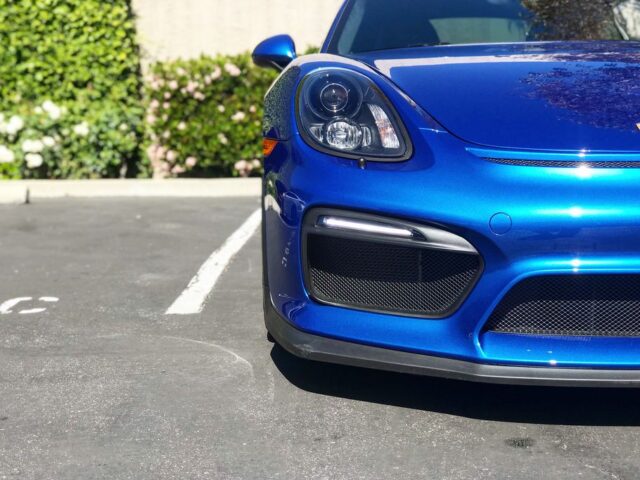 Porsche Cayman GT4 Blue Sapphire PPF Front Bumper Headlight Detail, by Wrap Labs, Westlake Village