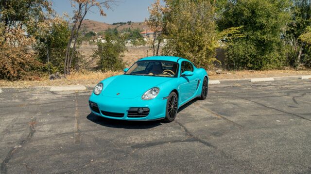 Porsche Cayman Tiffany Blue Vinyl Wrap Front Head On Parking Lot, by Wrap Labs, Westlake Village
