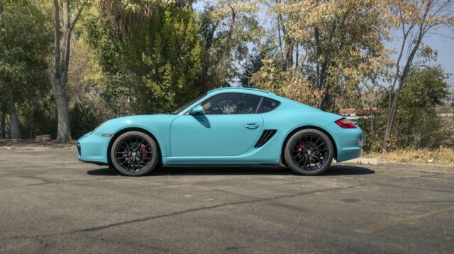 Porsche Cayman Tiffany Blue Vinyl Wrap Side Profile Black Wheels, by Wrap Labs, Westlake Village