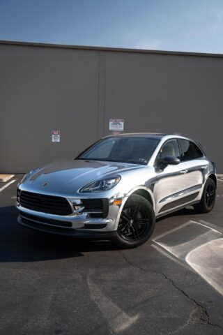 Porsche Macan Chrome Silver Vinyl Wrap Full Car Front Three Quarter, by Wrap Labs, Westlake Village