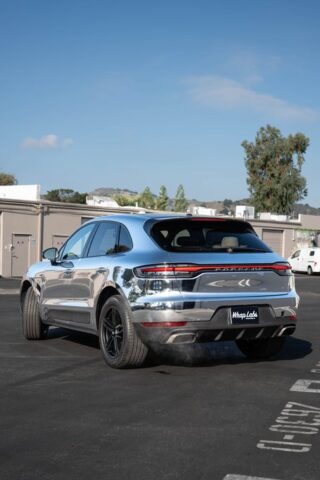 Porsche Macan Chrome Silver Vinyl Wrap Rear Three Quarter, by Wrap Labs, Westlake Village