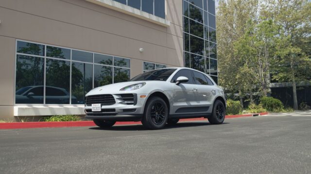 Porsche Macan Silver Paint Protection Film Front Quarter Building, by Wrap Labs, Westlake Village