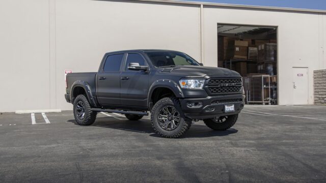 RAM 1500 Matte Black Vinyl Wrap Lifted Black Wheels Front 3Quarter, by Wrap Labs, Westlake Village