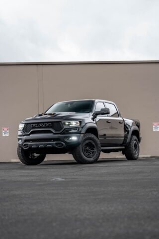 Ram TRX Black Vinyl Wrap Front Low Angle, by Wrap Labs, Westlake Village