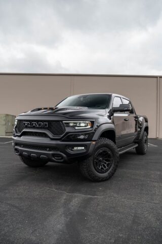 Ram TRX Black Vinyl Wrap Front Side Overcast, by Wrap Labs, Westlake Village