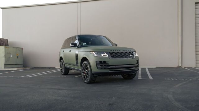 Range Rover SVAutobiography Matte Army Green Vinyl Wrap Front 3Quarter, by Wrap Labs, Westlake Village