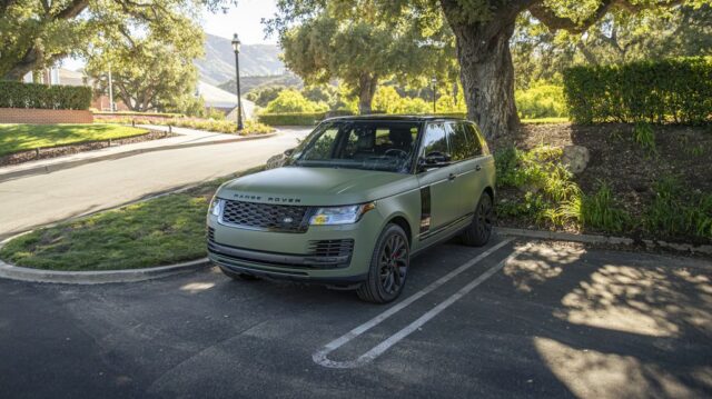Range Rover SVAutobiography Matte Army Green Vinyl Wrap Front 3Quarter Trees, by Wrap Labs, Westlake Village