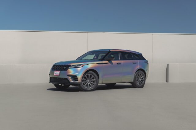 Range Rover Velar Holographic Chrome Vinyl Wrap Front Three Quarter, by Wrap Labs, Westlake Village